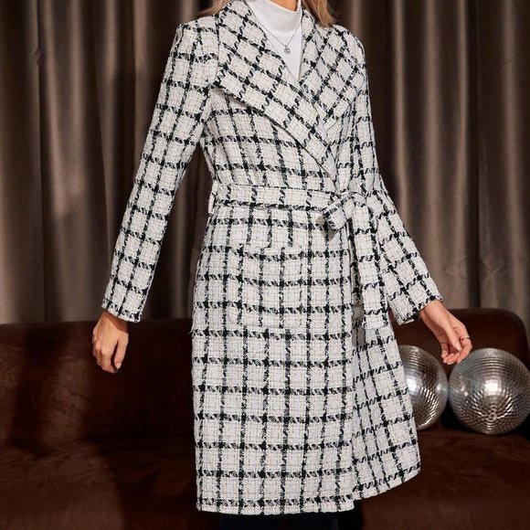 Chic Plaid Print Waterfall Collar Belted Tweed Overcoat - Picture 3 of 5
